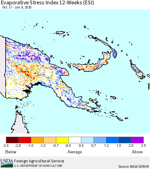 Papua New Guinea Evaporative Stress Index (ESI), 12-Weeks Thematic Map For 1/6/2020 - 1/12/2020