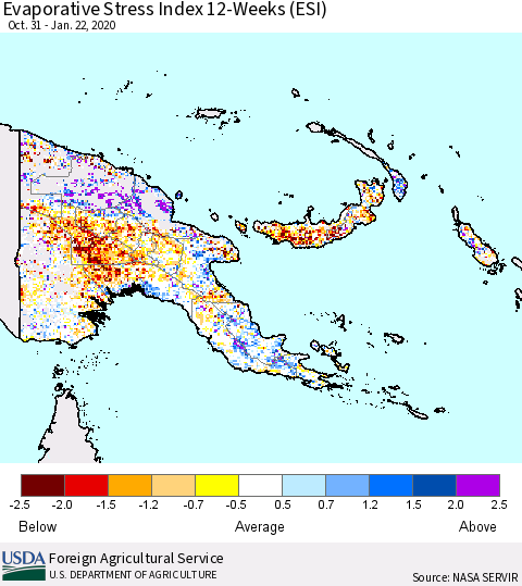 Papua New Guinea Evaporative Stress Index (ESI), 12-Weeks Thematic Map For 1/20/2020 - 1/26/2020