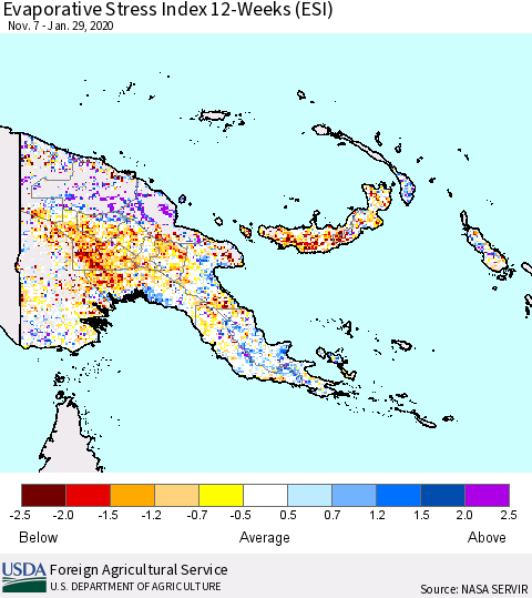 Papua New Guinea Evaporative Stress Index (ESI), 12-Weeks Thematic Map For 1/27/2020 - 2/2/2020