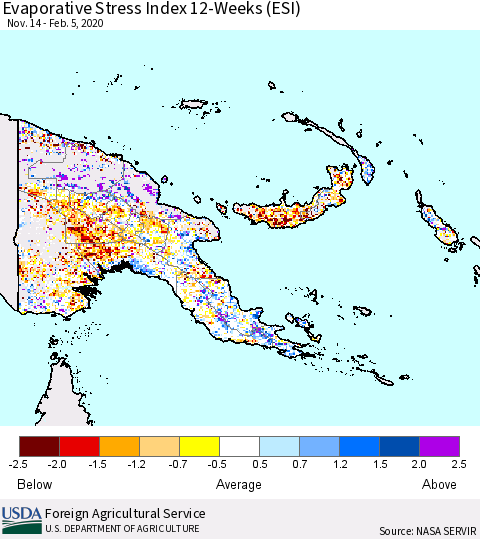 Papua New Guinea Evaporative Stress Index (ESI), 12-Weeks Thematic Map For 2/3/2020 - 2/9/2020