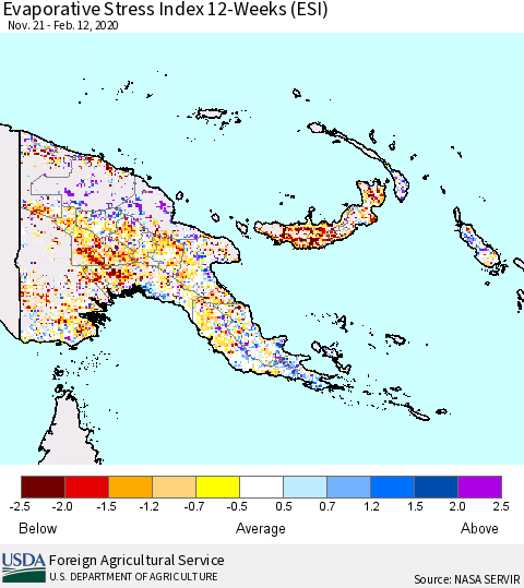 Papua New Guinea Evaporative Stress Index (ESI), 12-Weeks Thematic Map For 2/10/2020 - 2/16/2020