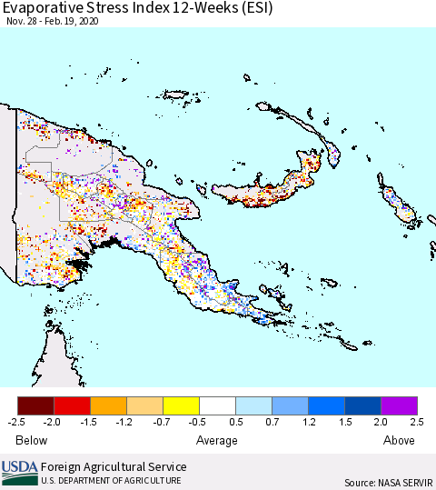 Papua New Guinea Evaporative Stress Index (ESI), 12-Weeks Thematic Map For 2/17/2020 - 2/23/2020