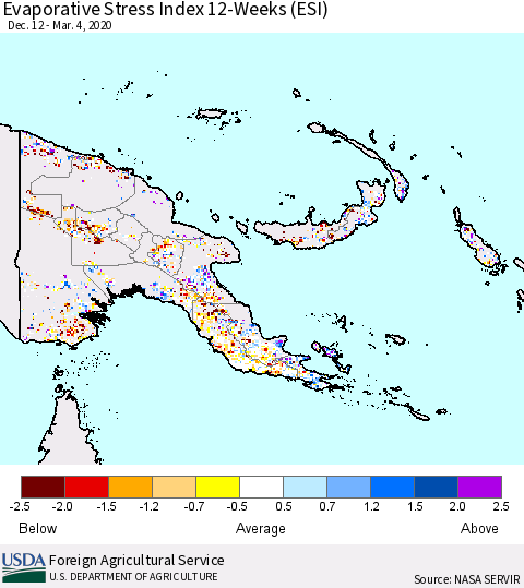Papua New Guinea Evaporative Stress Index (ESI), 12-Weeks Thematic Map For 3/2/2020 - 3/8/2020