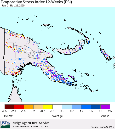 Papua New Guinea Evaporative Stress Index (ESI), 12-Weeks Thematic Map For 3/23/2020 - 3/29/2020