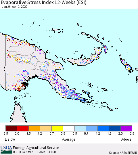 Papua New Guinea Evaporative Stress Index (ESI), 12-Weeks Thematic Map For 3/30/2020 - 4/5/2020