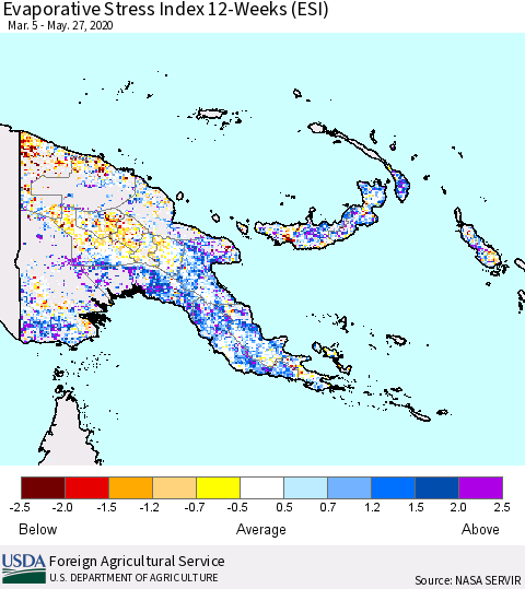 Papua New Guinea Evaporative Stress Index (ESI), 12-Weeks Thematic Map For 5/25/2020 - 5/31/2020