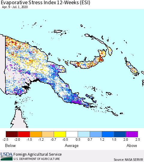 Papua New Guinea Evaporative Stress Index (ESI), 12-Weeks Thematic Map For 6/29/2020 - 7/5/2020