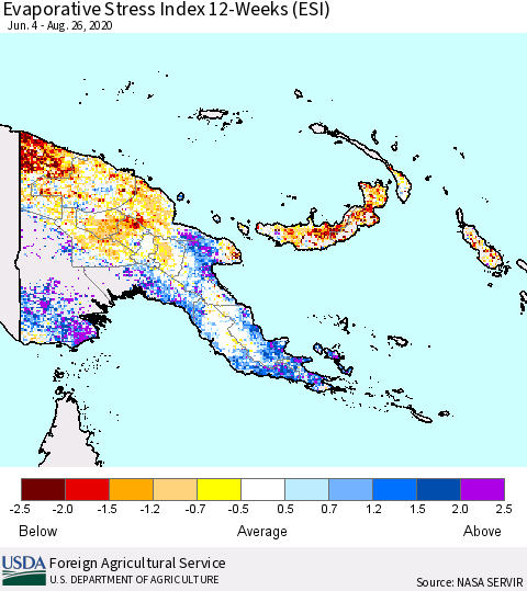 Papua New Guinea Evaporative Stress Index (ESI), 12-Weeks Thematic Map For 8/24/2020 - 8/30/2020