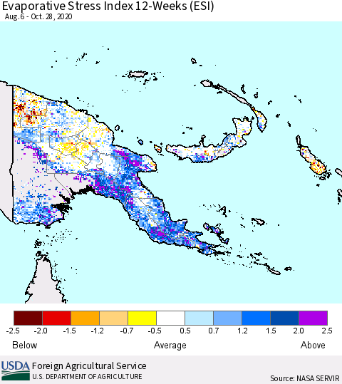 Papua New Guinea Evaporative Stress Index (ESI), 12-Weeks Thematic Map For 10/26/2020 - 11/1/2020
