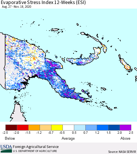 Papua New Guinea Evaporative Stress Index (ESI), 12-Weeks Thematic Map For 11/16/2020 - 11/22/2020
