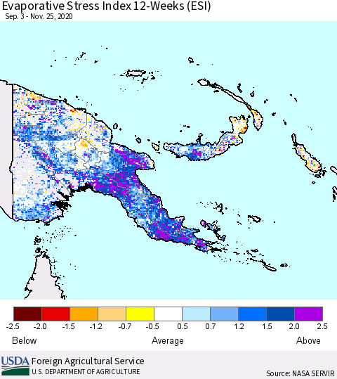 Papua New Guinea Evaporative Stress Index (ESI), 12-Weeks Thematic Map For 11/23/2020 - 11/29/2020