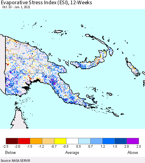 Papua New Guinea Evaporative Stress Index (ESI), 12-Weeks Thematic Map For 12/28/2020 - 1/3/2021