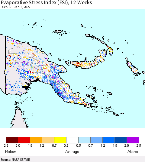 Papua New Guinea Evaporative Stress Index (ESI), 12-Weeks Thematic Map For 1/3/2022 - 1/9/2022