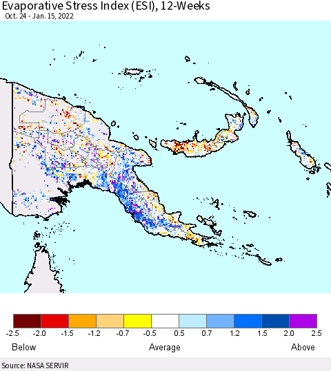 Papua New Guinea Evaporative Stress Index (ESI), 12-Weeks Thematic Map For 1/10/2022 - 1/16/2022
