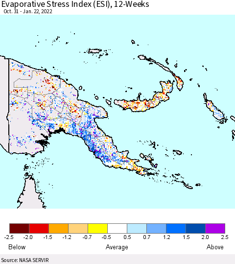 Papua New Guinea Evaporative Stress Index (ESI), 12-Weeks Thematic Map For 1/17/2022 - 1/23/2022