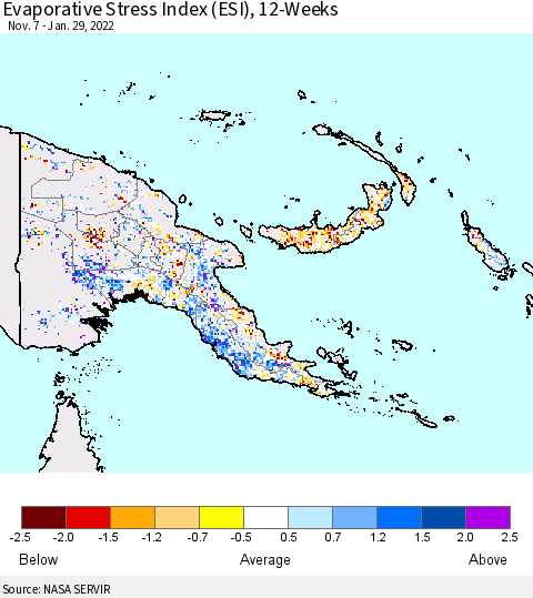 Papua New Guinea Evaporative Stress Index (ESI), 12-Weeks Thematic Map For 1/24/2022 - 1/30/2022