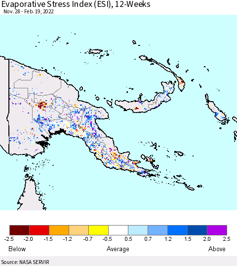 Papua New Guinea Evaporative Stress Index (ESI), 12-Weeks Thematic Map For 2/14/2022 - 2/20/2022