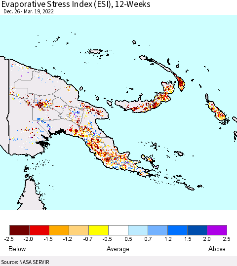 Papua New Guinea Evaporative Stress Index (ESI), 12-Weeks Thematic Map For 3/14/2022 - 3/20/2022