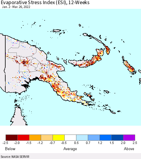 Papua New Guinea Evaporative Stress Index (ESI), 12-Weeks Thematic Map For 3/21/2022 - 3/27/2022