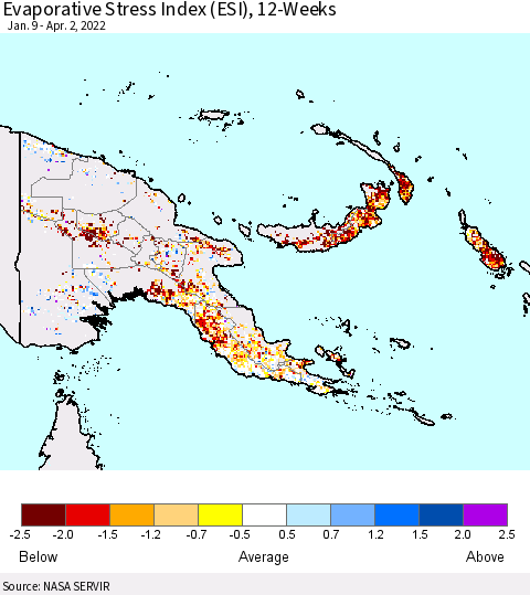 Papua New Guinea Evaporative Stress Index (ESI), 12-Weeks Thematic Map For 3/28/2022 - 4/3/2022