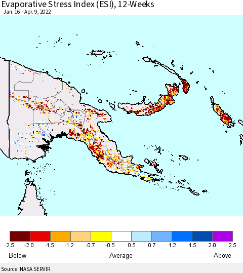 Papua New Guinea Evaporative Stress Index (ESI), 12-Weeks Thematic Map For 4/4/2022 - 4/10/2022