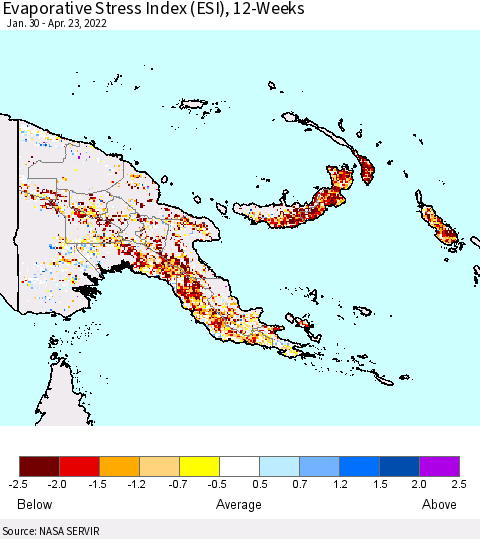 Papua New Guinea Evaporative Stress Index (ESI), 12-Weeks Thematic Map For 4/18/2022 - 4/24/2022