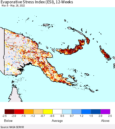 Papua New Guinea Evaporative Stress Index (ESI), 12-Weeks Thematic Map For 5/23/2022 - 5/29/2022