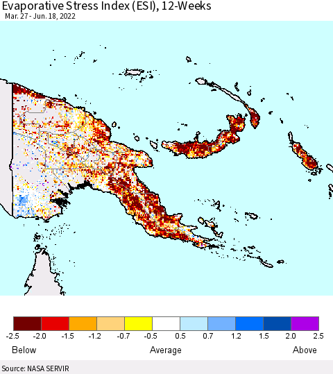 Papua New Guinea Evaporative Stress Index (ESI), 12-Weeks Thematic Map For 6/13/2022 - 6/19/2022