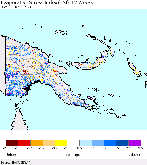Papua New Guinea Evaporative Stress Index (ESI), 12-Weeks Thematic Map For 1/2/2023 - 1/8/2023