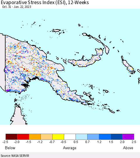 Papua New Guinea Evaporative Stress Index (ESI), 12-Weeks Thematic Map For 1/16/2023 - 1/22/2023