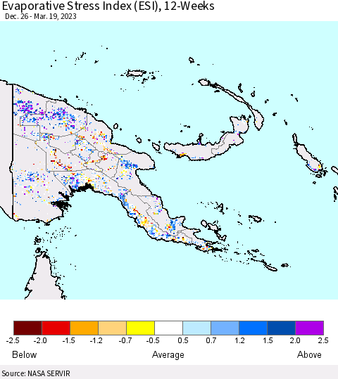 Papua New Guinea Evaporative Stress Index (ESI), 12-Weeks Thematic Map For 3/13/2023 - 3/19/2023