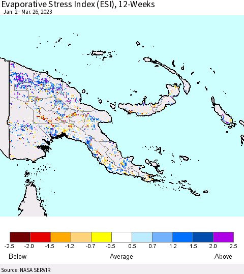 Papua New Guinea Evaporative Stress Index (ESI), 12-Weeks Thematic Map For 3/20/2023 - 3/26/2023