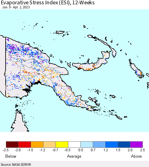 Papua New Guinea Evaporative Stress Index (ESI), 12-Weeks Thematic Map For 3/27/2023 - 4/2/2023