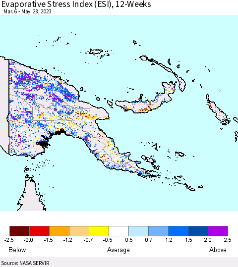 Papua New Guinea Evaporative Stress Index (ESI), 12-Weeks Thematic Map For 5/22/2023 - 5/28/2023