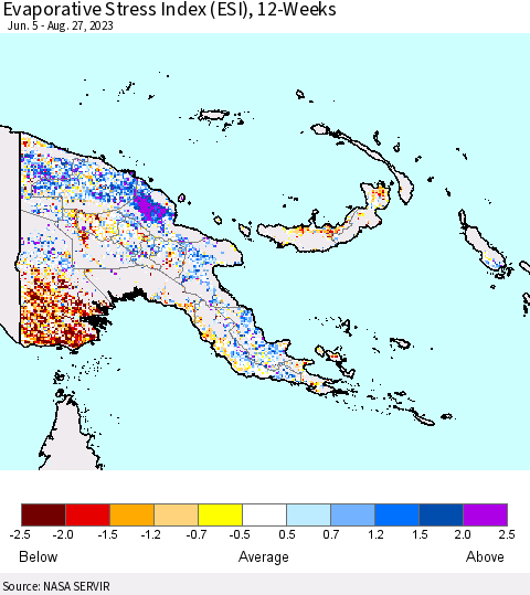 Papua New Guinea Evaporative Stress Index (ESI), 12-Weeks Thematic Map For 8/21/2023 - 8/27/2023