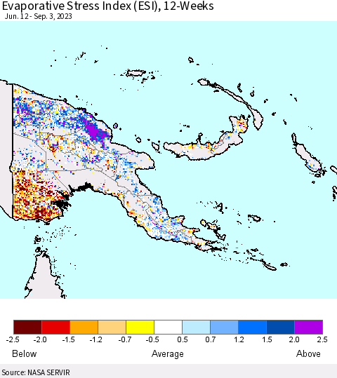 Papua New Guinea Evaporative Stress Index (ESI), 12-Weeks Thematic Map For 8/28/2023 - 9/3/2023