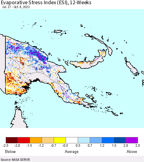 Papua New Guinea Evaporative Stress Index (ESI), 12-Weeks Thematic Map For 10/2/2023 - 10/8/2023