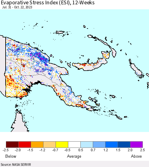 Papua New Guinea Evaporative Stress Index (ESI), 12-Weeks Thematic Map For 10/16/2023 - 10/22/2023