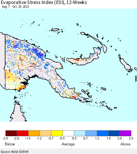 Papua New Guinea Evaporative Stress Index (ESI), 12-Weeks Thematic Map For 10/23/2023 - 10/29/2023