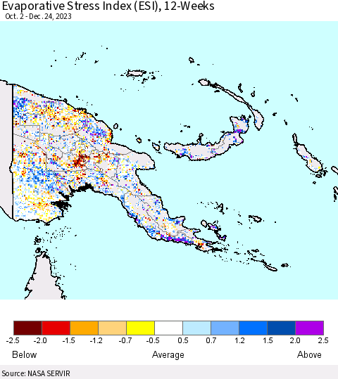Papua New Guinea Evaporative Stress Index (ESI), 12-Weeks Thematic Map For 12/18/2023 - 12/24/2023