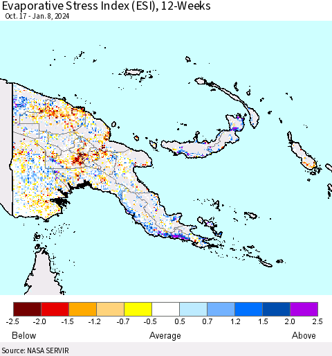 Papua New Guinea Evaporative Stress Index (ESI), 12-Weeks Thematic Map For 1/8/2024 - 1/14/2024
