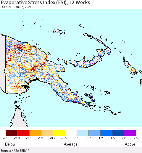 Papua New Guinea Evaporative Stress Index (ESI), 12-Weeks Thematic Map For 1/15/2024 - 1/21/2024