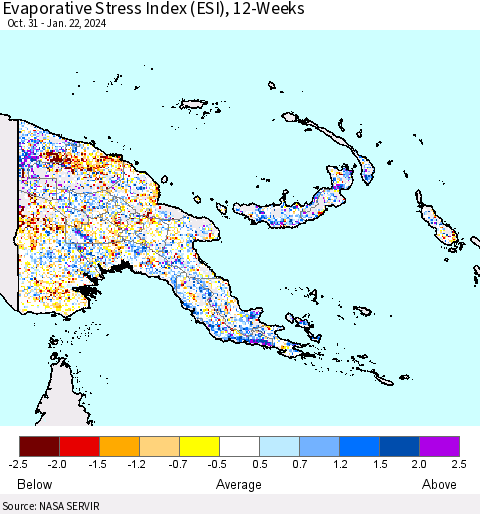 Papua New Guinea Evaporative Stress Index (ESI), 12-Weeks Thematic Map For 1/22/2024 - 1/28/2024