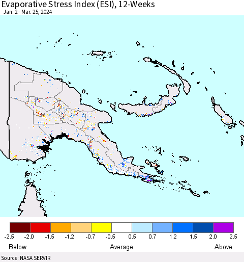 Papua New Guinea Evaporative Stress Index (ESI), 12-Weeks Thematic Map For 3/25/2024 - 3/31/2024