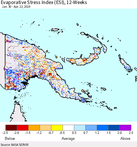 Papua New Guinea Evaporative Stress Index (ESI), 12-Weeks Thematic Map For 4/22/2024 - 4/28/2024