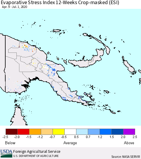 Papua New Guinea Evaporative Stress Index (ESI), 12-Weeks over Croplands Thematic Map For 6/29/2020 - 7/5/2020