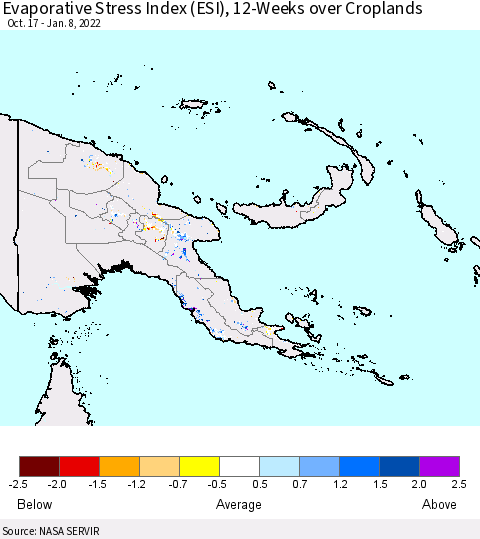 Papua New Guinea Evaporative Stress Index (ESI), 12-Weeks over Croplands Thematic Map For 1/3/2022 - 1/9/2022