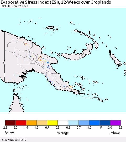 Papua New Guinea Evaporative Stress Index (ESI), 12-Weeks over Croplands Thematic Map For 1/17/2022 - 1/23/2022