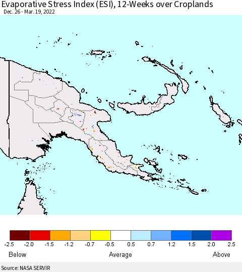 Papua New Guinea Evaporative Stress Index (ESI), 12-Weeks over Croplands Thematic Map For 3/14/2022 - 3/20/2022