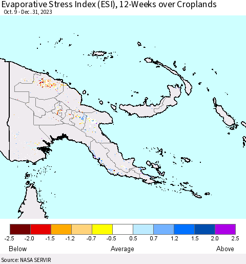 Papua New Guinea Evaporative Stress Index (ESI), 12-Weeks over Croplands Thematic Map For 1/1/2024 - 1/7/2024